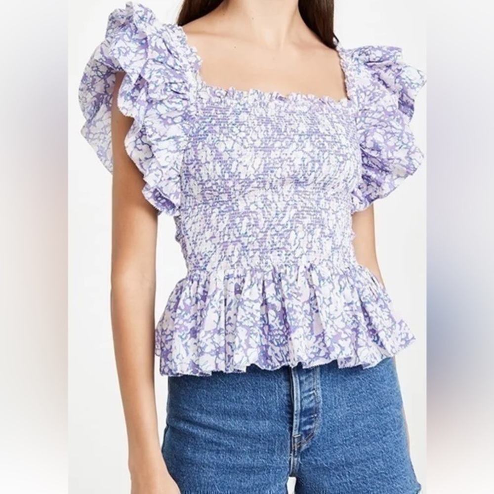 NWT Anthropologie LOVE THE LABEL Purple Smocked Top MEDIUM Ruffle Shirred